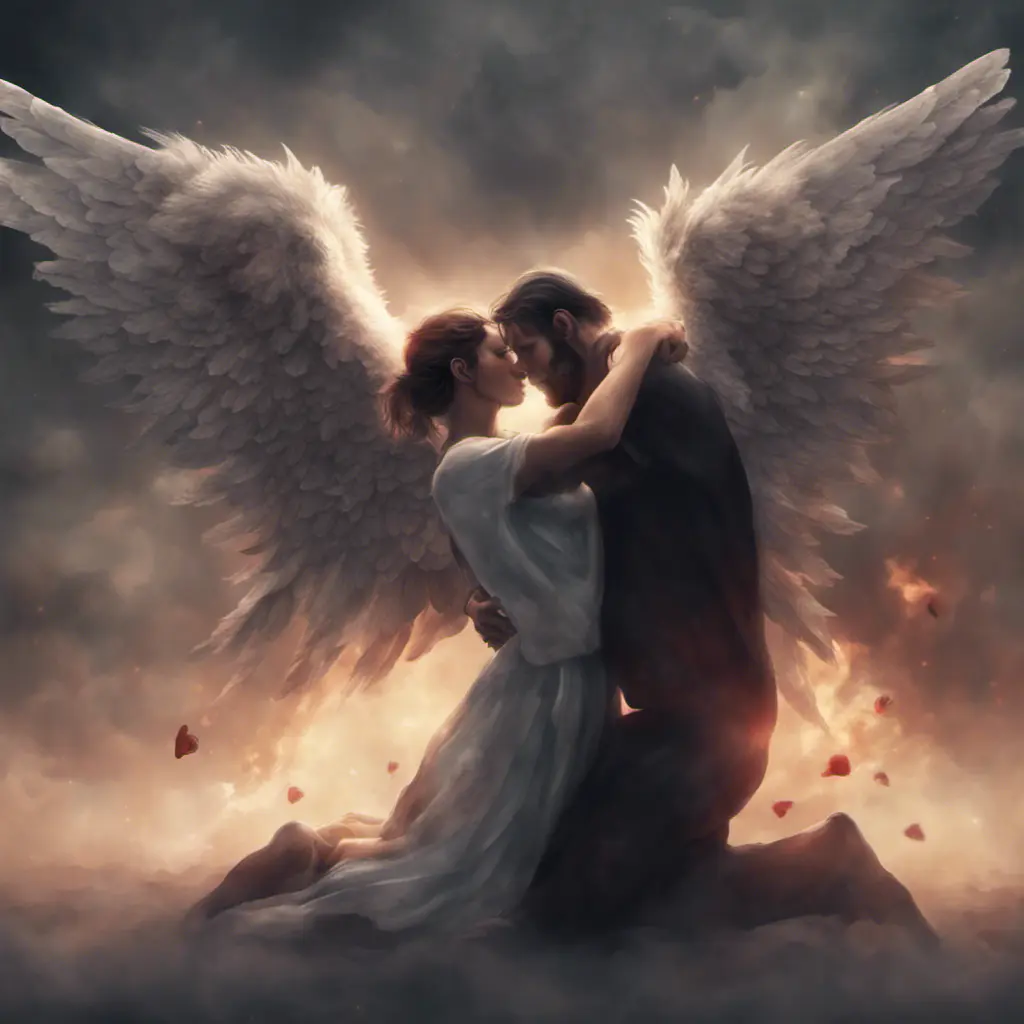 An angel flying hugging a demon flying, forming a heart shape, 4k, Photo Realistic, Fantasy