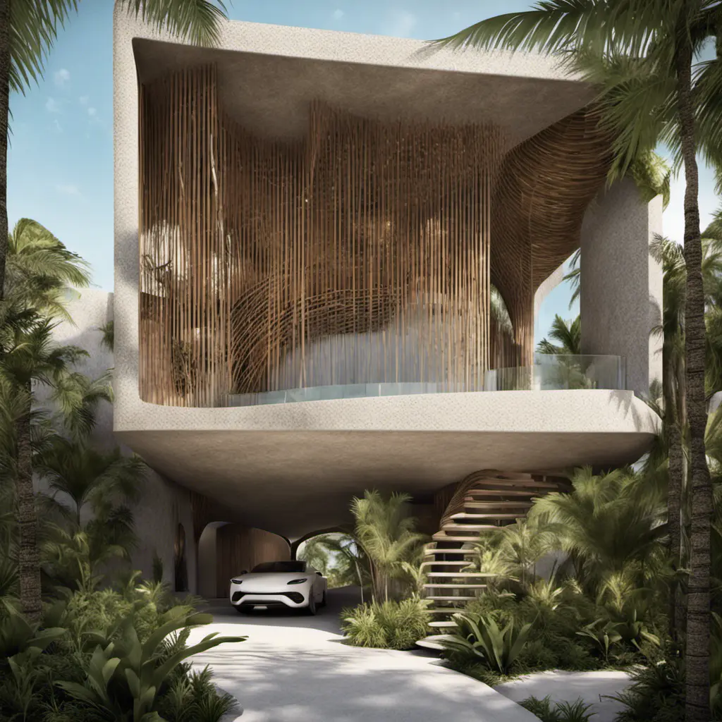 Envision a Zaha Hadid-styled, environmentally-conscious villa nestled within the bustling modern architecture of Tulum, Quintana Roo. As you approach from the entrance, the street view reveals a facade adorned with a vertical bamboo lattice, gracefully contrasting with the stone finish. Large overhangs hint at the interior's coolness, and the surrounding trees whisper tales of nature's embrace, Award-Winning, Intricate Details