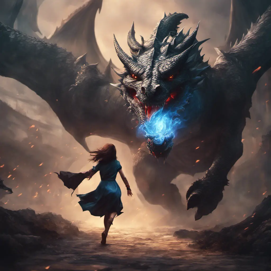 Beautiful sorceress girl running away from dragon, Gothic and Fantasy, Stunning, Digital Painting, Cinematic Lighting, Sharp Focus