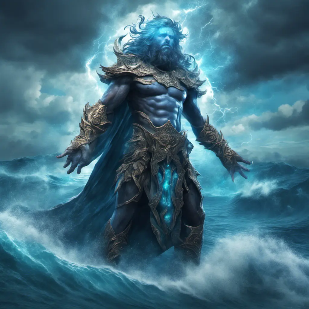 A celestial Blue-skinned God of the Seas, Storms, and Exploring emanating power of the seas, wearing half-leather, shrouded in storms in the style of digital art, 8k, Fantasy