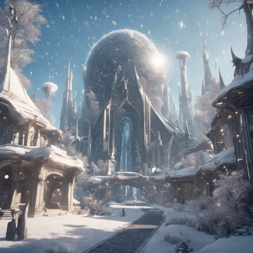 Futuristic galactic elven city in winter, 8k, Award-Winning, Highly Detailed, Beautiful, Octane Render, Unreal Engine, Radiant, Volumetric Lighting by James Gurney, Greg Rutkowski