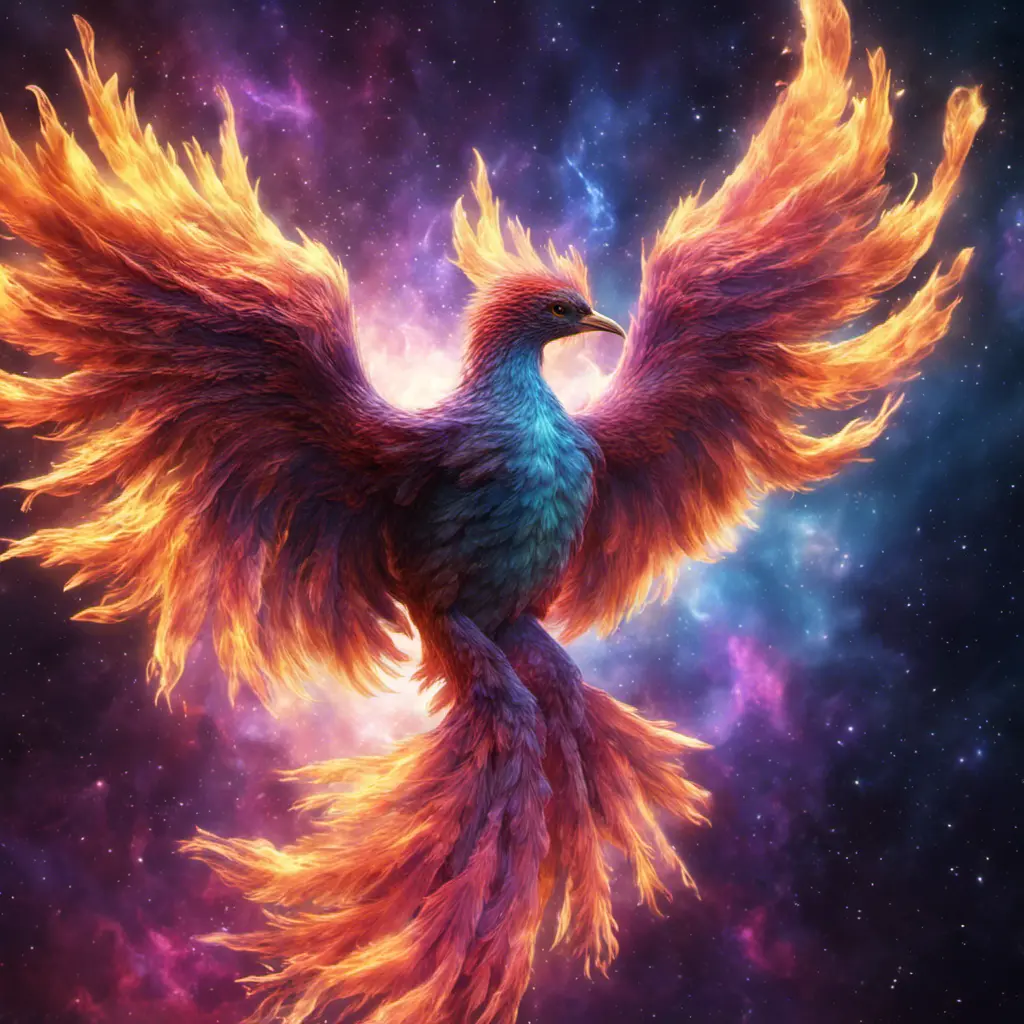 The Nebula Phoenix is a cosmic bird with wings that resemble swirling galaxies. Witness the physics of space and time as it flaps through the digital cosmos, Unreal Engine, Volumetric Lighting, Vibrant Colors