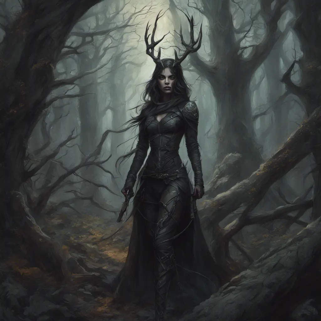 Huntress in a haunted forest, Highly Detailed, Intricate, Gothic, Volumetric Lighting, Fantasy, Dark by Stanley Artgerm Lau