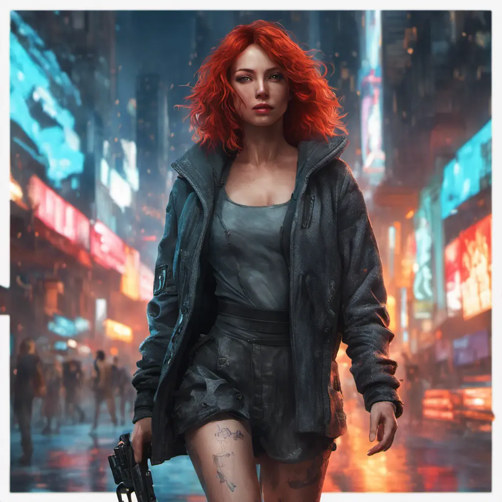 full body shot, beautiful woman walking with beatiful and detailed eyes, dynamic pose, slightly athletic beatiful body, medium-sized chest, detailed attire, Hyper Detailed, Intricate Artwork, Masterpiece, Cybernatic and Sci-Fi, Cyberpunk, Freckles, Full Lips, Red Hair, Smiling, Digital Illustration, Cityscape, Blade Runner 2049, Neon light effect, Realistic, Sharp Focus, Wide Angle, Neon, Dripping Colors, Matte, Futurism, Artwork, Dieselpunk, Colorful, Dynamic, Elegant, Expressive, Graceful, Hot, Gloomy, Sad, Stormy, Terrifying, Tired