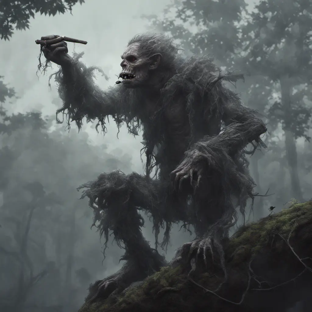 Kapre philippines scary hairy humanoid monster smoking a tobacco on the tree top, forest, foggy weather, otherworldy, Intricate, Artstation, Gothic and Fantasy, Cinematic Lighting, Octane Render, Concept Art