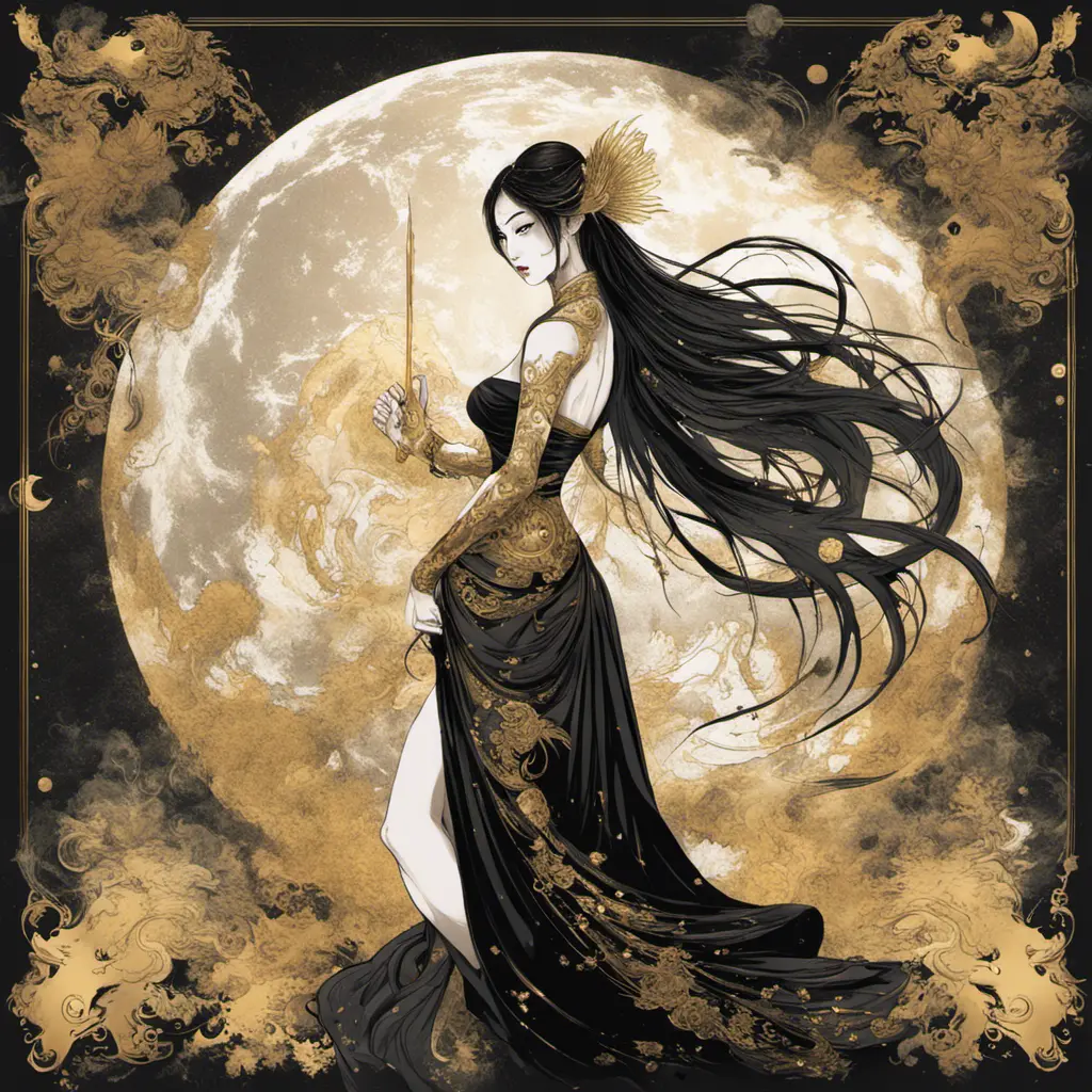 Full body back of an Asian goddess in a black dress with gold decorations. A dress with no flesh on the back, holding a fan in one hand. hyperdetailed eyes, Poster design, line art, a fantastically large moon background, ultra detailed artistic, detailed gorgeous face, natural skin, colour splash art, fire and ice, splatter, black ink, liquid melting, dreamy, glowing, glamour, glimmer, shadows, brush strokes, ominous, golden ratio, production cinematic character render, ultra high quality model, 8k, Highly Detailed, Intricate, Masterpiece, Oil on Canvas, Sharp Focus, Smooth, Unreal Engine, Glamour Shot, Vibrant Colors, Ominous