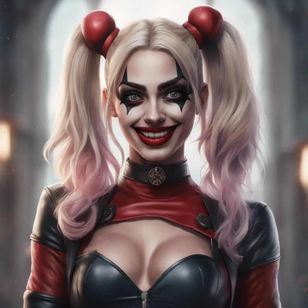 Alluring matte portrait of a beautiful Harley Quinn in the style of Stefan Kostic, 8k, Highly Detailed, Intricate, Half Body, Realistic, Sharp Focus, Volumetric Lighting, Fantasy, Elegant by Stanley Artgerm Lau, Greg Rutkowski