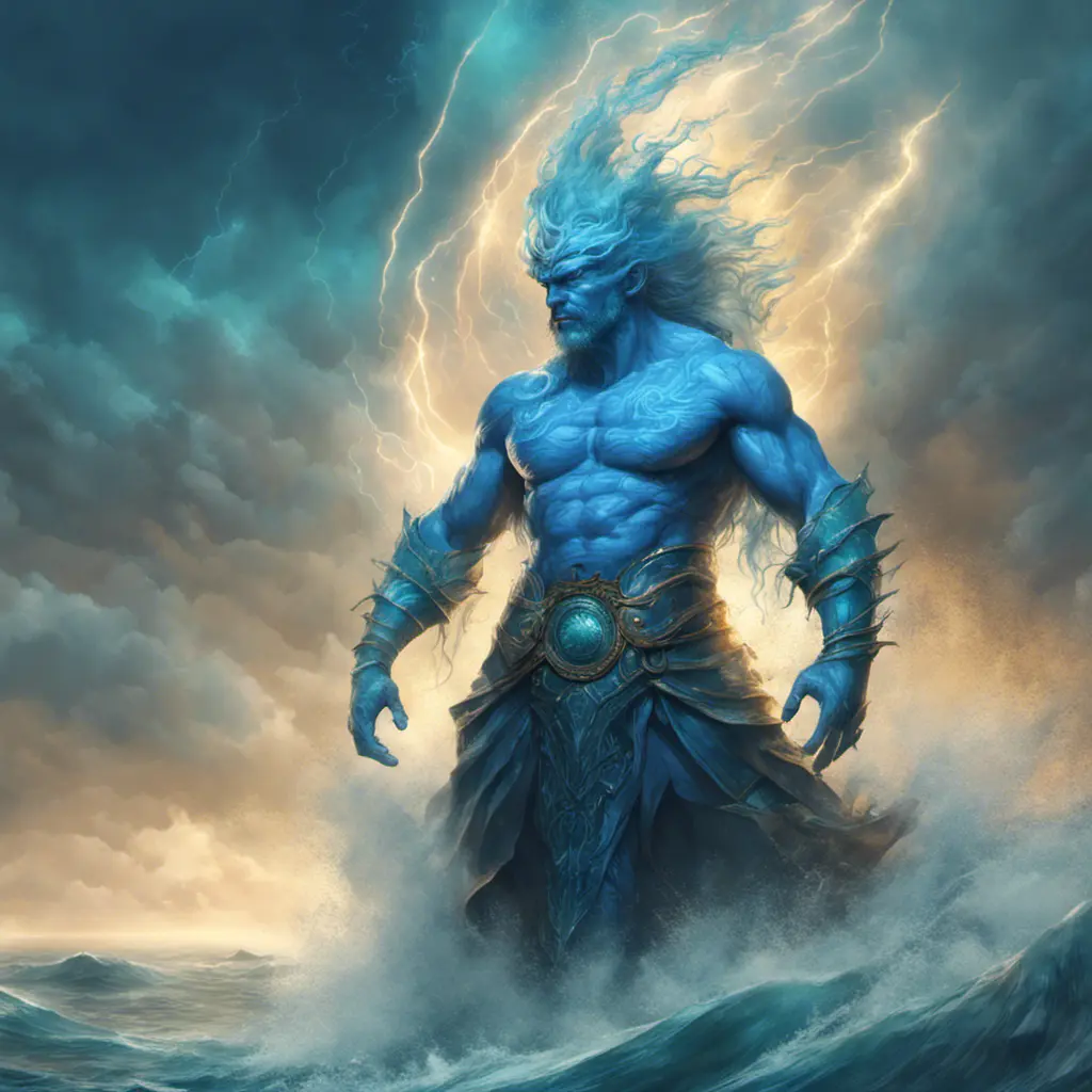 A celestial Blue-skinned God of the Seas, Storms, and Exploring emanating power of the seas, wearing half-leather, shrouded in storms in the style of digital art, 8k, Fantasy