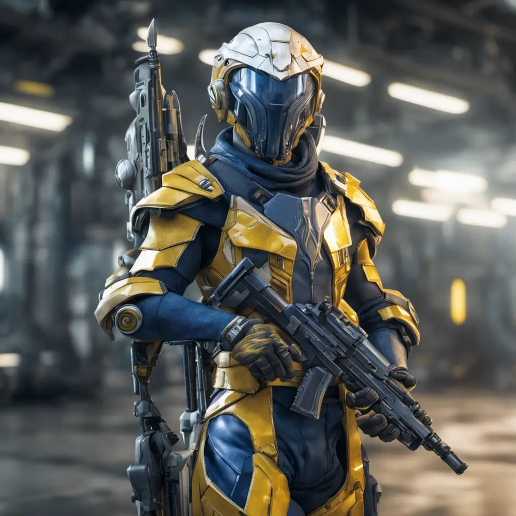 Full body of a high elf sci fi soldier wearing heavy sci fi elven armor, navy blue and yellow and white armor and helmet, visor, boots, male, holding a light machine gun, 8k, Sci-Fi, Fantasy