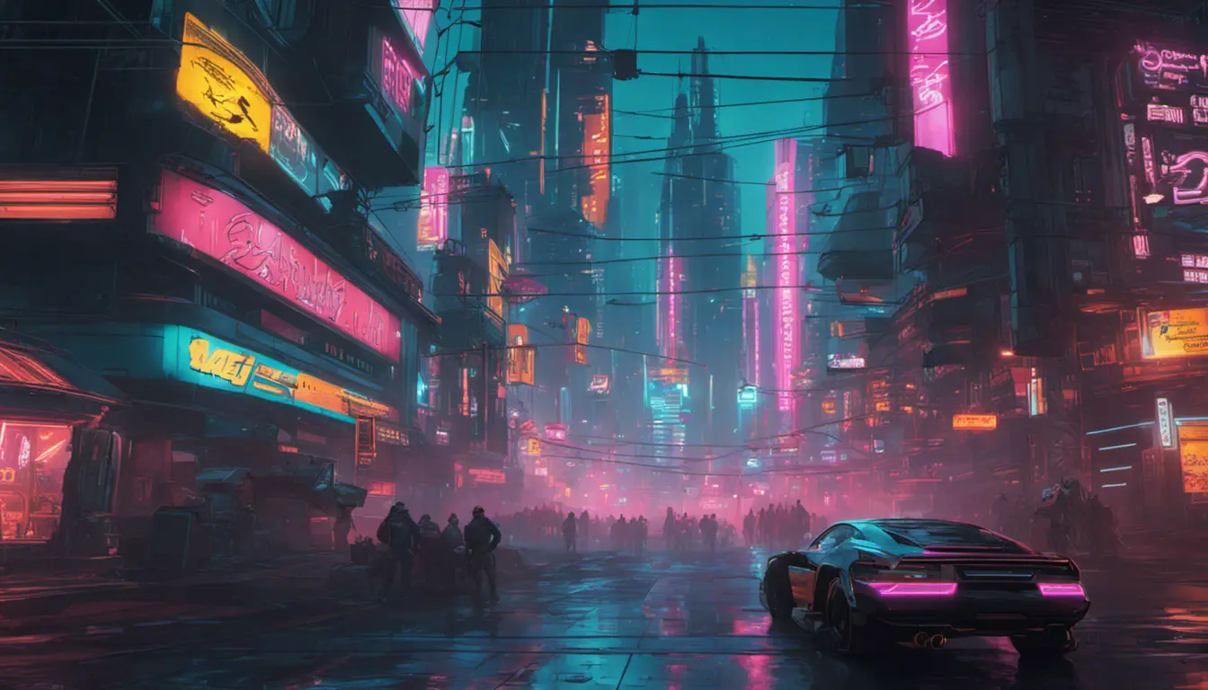 Neon city lights of Cyberpunk 2077, Highly Detailed, Intricate, Artstation, Beautiful, Digital Painting, Sharp Focus, Concept Art, Elegant