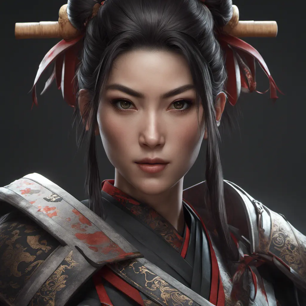 "female Japanese ronin", heroine, katana, samurai, head and shoulders portrait, intricately detailed eyes, 8k, Gothic and Fantasy, Trending on Artstation, Unreal Engine, Dynamic Lighting, Volumetric Lighting by Stanley Artgerm Lau, WLOP