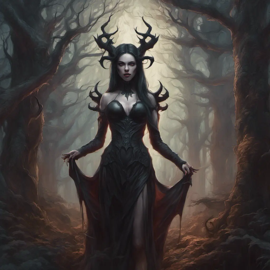 Succubus in a haunted forest, Highly Detailed, Intricate, Gothic, Volumetric Lighting, Fantasy, Dark by Stanley Artgerm Lau