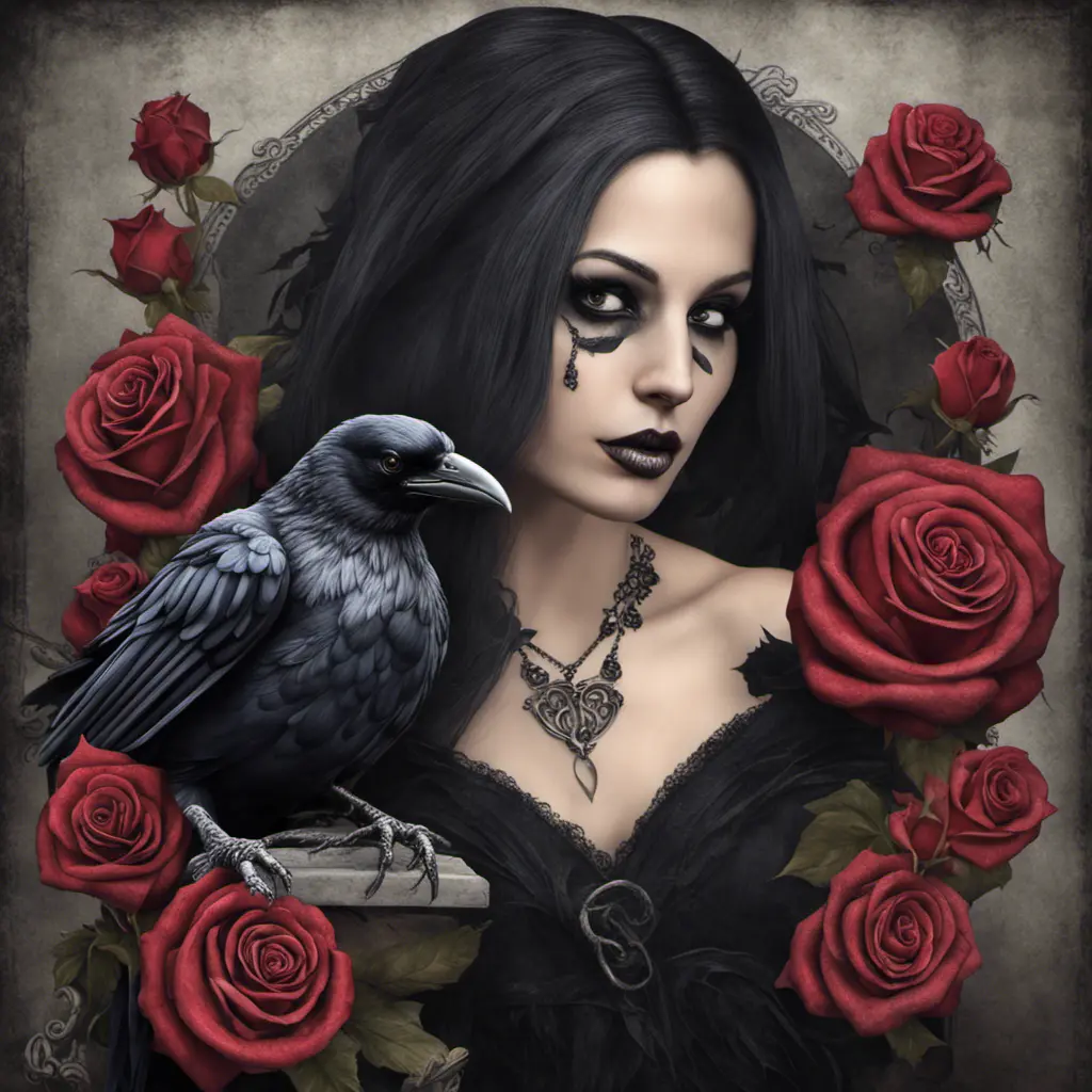 Gothic raven with roses, Award-Winning, Photo Realistic