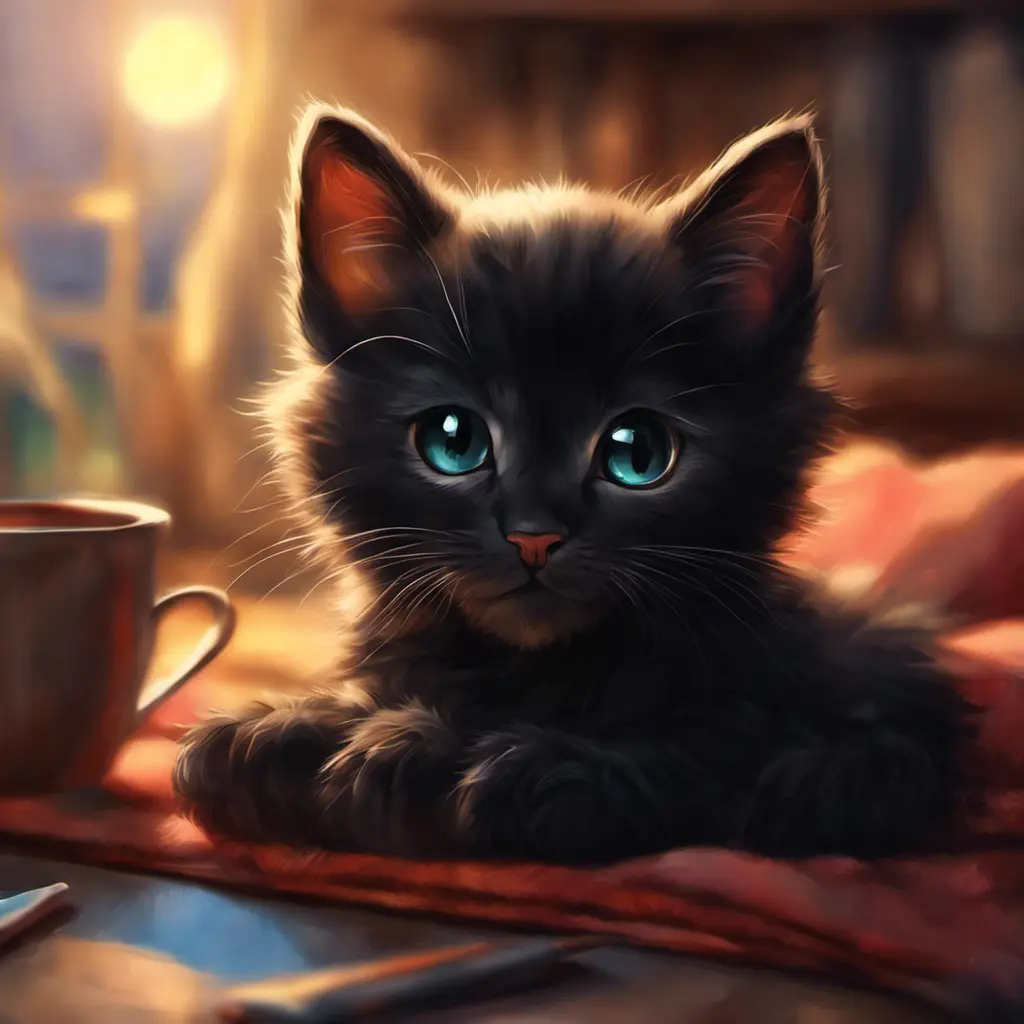 Epic shot of ultra detailed cute black baby cat in a wonderful cozy atmosphere, ultra inviting, luminous, evening atmosphere, little photorealistic, digital painting, sharp focus, ultra cozy and inviting, wish to be there. very detailed, arty, should rank high on youtube for a dream trip., Digital Painting, Sharp Focus