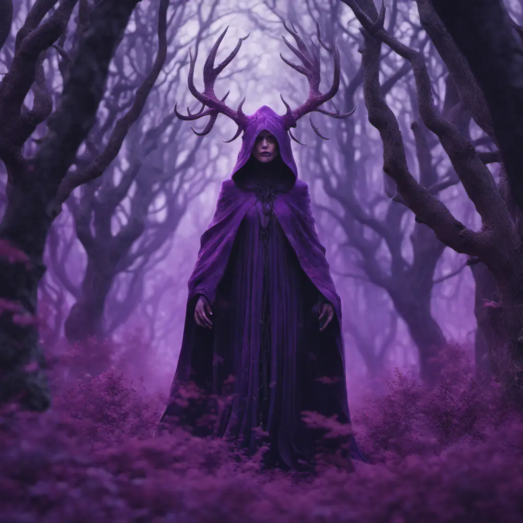 A mysterious witch cloaked with antlers in purple chaos energy, in a dark forest of salix trees, 8k, High Definition, Highly Detailed, Trending on Artstation, Darkwave, Epic, Isometric, Cinematic Lighting, Smooth, 3D Rendering, Octane Render, Vibrant Colors, Ominous by Stanley Artgerm Lau, Zdzislaw Beksinski, H. R. (Hans Ruedi) Giger