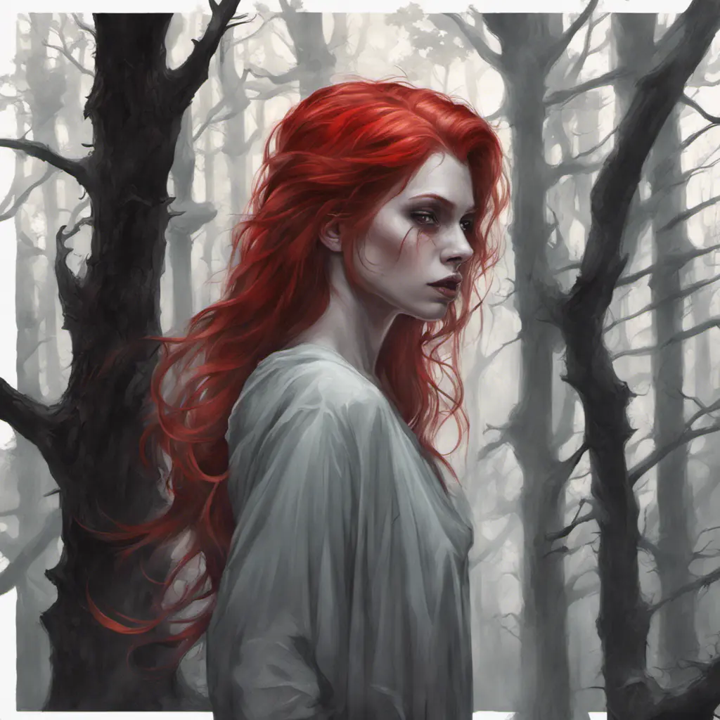 Red haired vampire in a haunted forest, Highly Detailed, Intricate, Gothic, Volumetric Lighting, Fantasy, Dark by Stanley Artgerm Lau