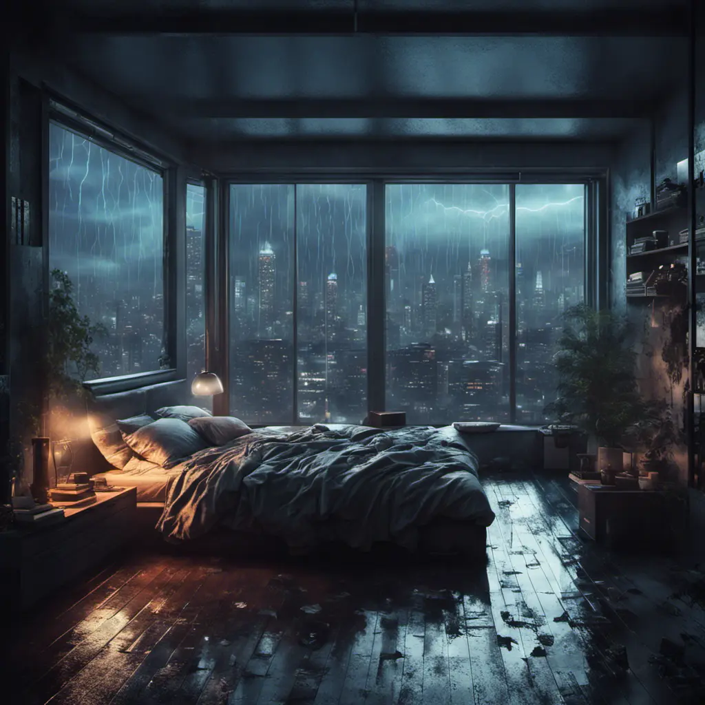 Beautiful cozy bedroom with floor to ceiling glass windows overlooking a cyberpunk city at night, thunderstorm outside with torrential rain, High Resolution, Highly Detailed, Darkwave, Gloomy