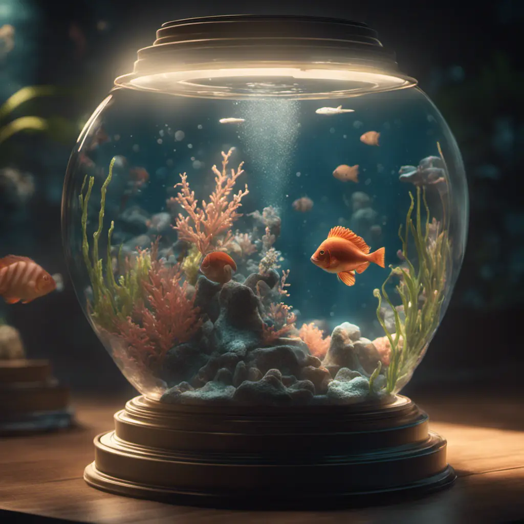 an aquarium with Ariel in a light bulb, perfect composition, 8k, HDR, Intricate Details, Masterpiece, Trending on Artstation, Epic, Cinematic Lighting, 3D Rendering, CryEngine, Unreal Engine, Dynamic Lighting