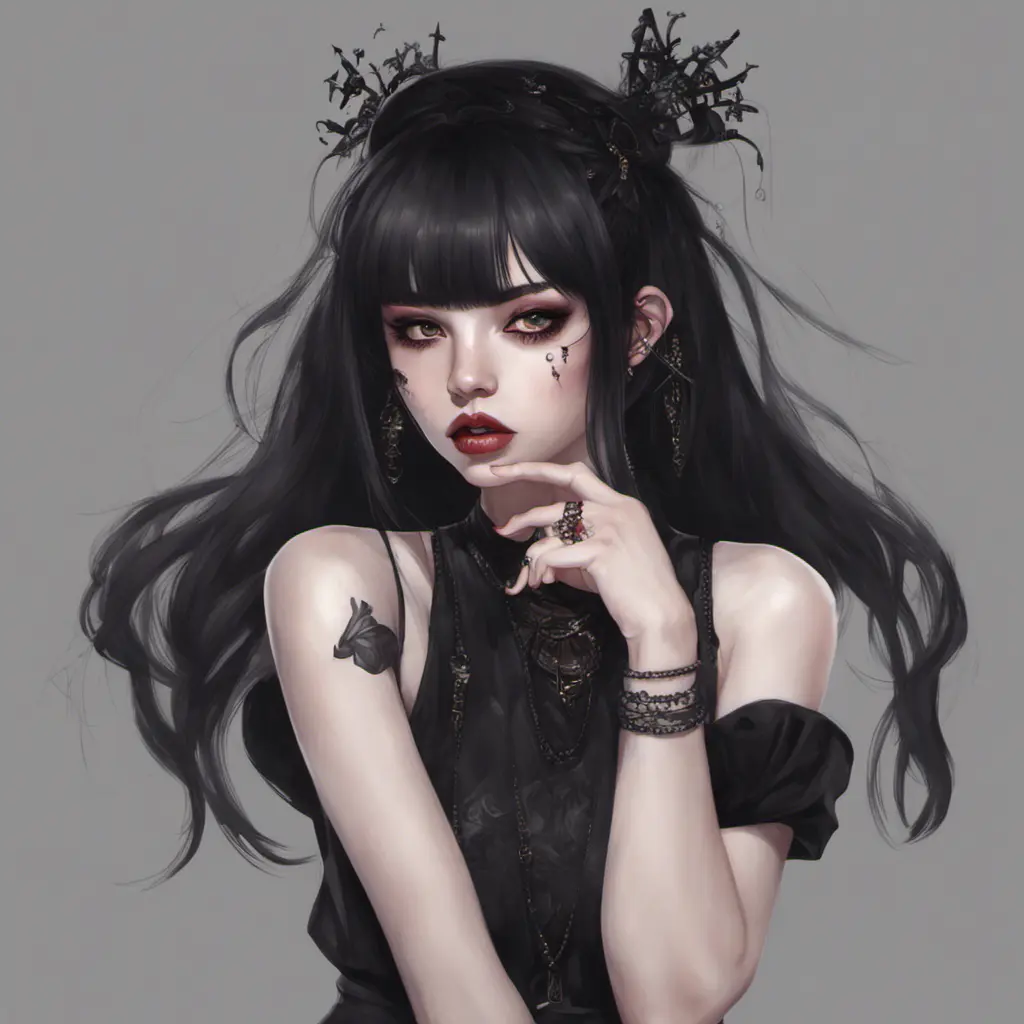 E-girl, fully body, black hair, bangs hairstyle, pale skin, high detail, highly detailed, digital painting, blank background, black fingernails on fingers, black lipstick, 8k, Gothic and Fantasy, Trending on Artstation