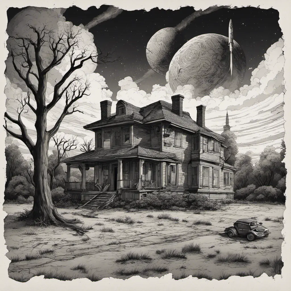 a realistic scene, an old home from the 1930's. The background is a planet that is on the edge of collapse. The skies are grey, the trees are barren. it is very depressing. a rocket ship is launching and leaving the earth, Sci-Fi, Fantasy, Dark