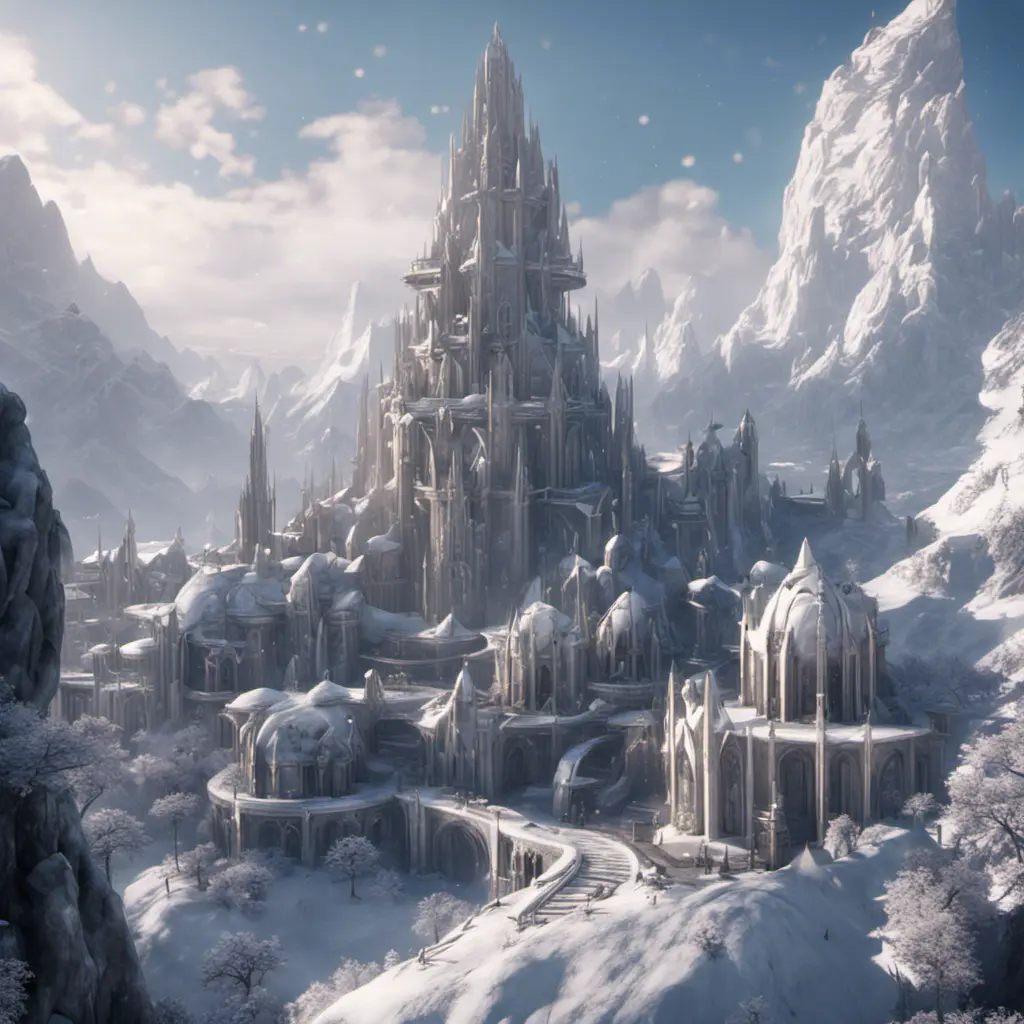 Futuristic galactic elven city in winter, 8k, Award-Winning, Highly Detailed, Beautiful, Octane Render, Unreal Engine, Radiant, Volumetric Lighting by James Gurney, Greg Rutkowski