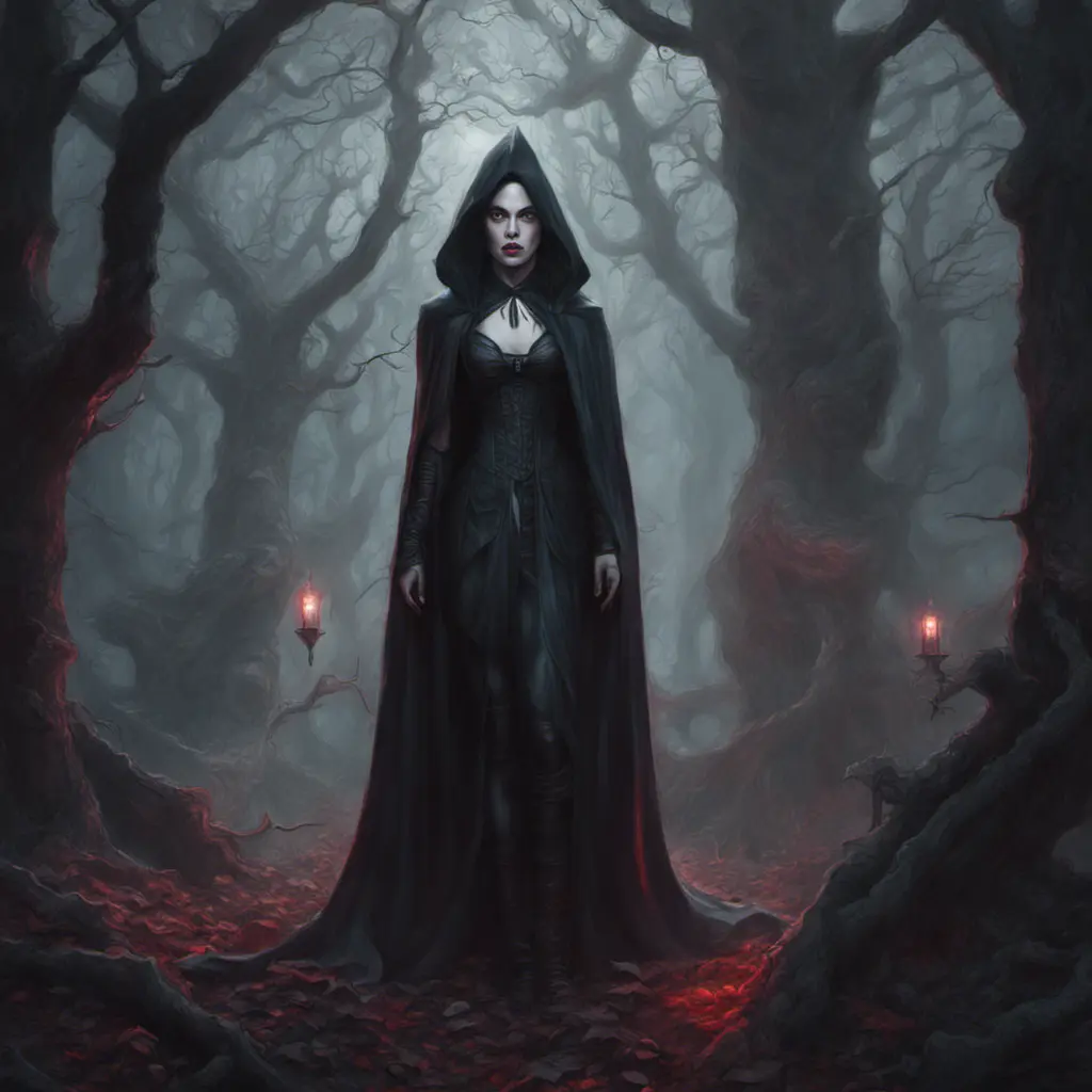 Female dracula in a haunted forest, Highly Detailed, Intricate, Gothic, Volumetric Lighting, Fantasy, Dark by Stanley Artgerm Lau