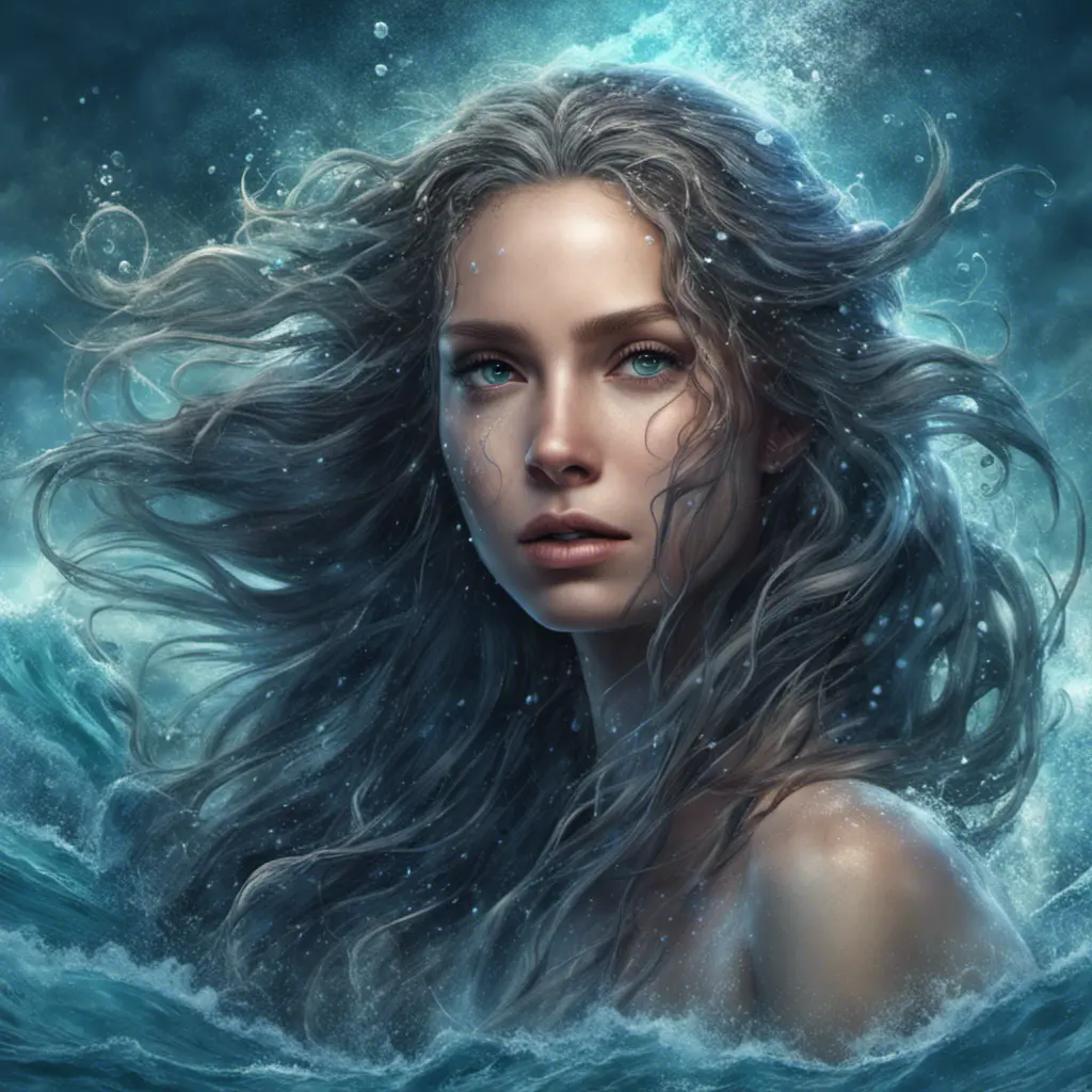 "magical ocean goddess", water, spray, waves, flowing hair, head and shoulders portrait, finely drawn eyes, 8k, Fantasy