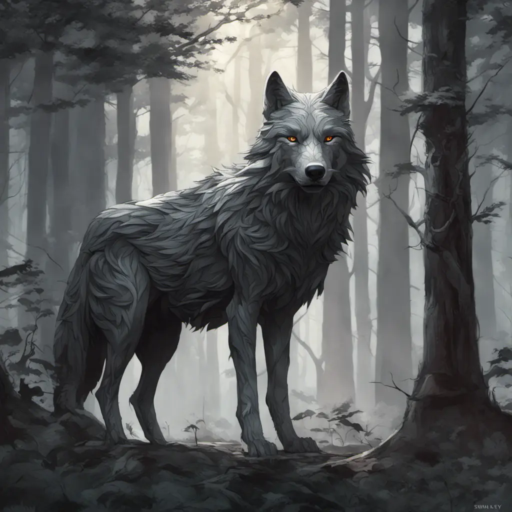 Wolf in the forest, Highly Detailed, Intricate, Gothic, Volumetric Lighting, Fantasy, Dark by Stanley Artgerm Lau