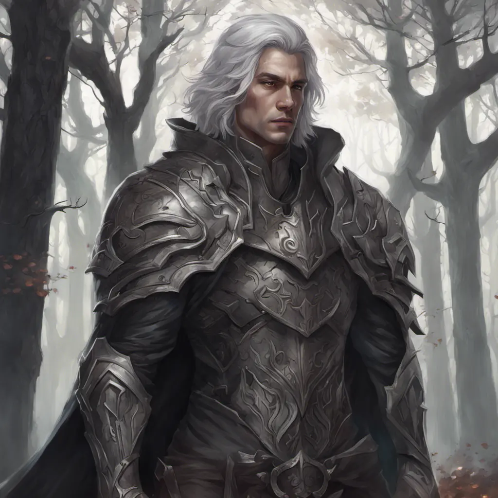 Ashen haired paladin in a haunted forest, Highly Detailed, Intricate, Gothic, Volumetric Lighting, Fantasy, Dark by Stanley Artgerm Lau