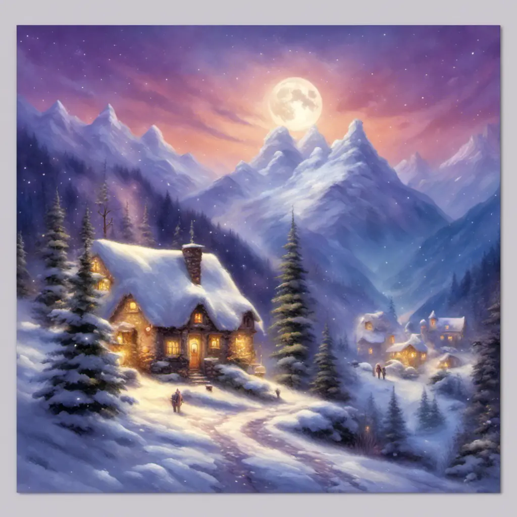 Charming fairy tale village, snow-covered decorated Christmas trees, warm inviting cabin, snowflakes, mountains with waterfall, soft light far-away full moon, glitter, stars, stardust, electric blue and purple sky, Digital Painting, Sharp Focus, Vibrant Colors, Hyper Realistic by Thomas Kinkade