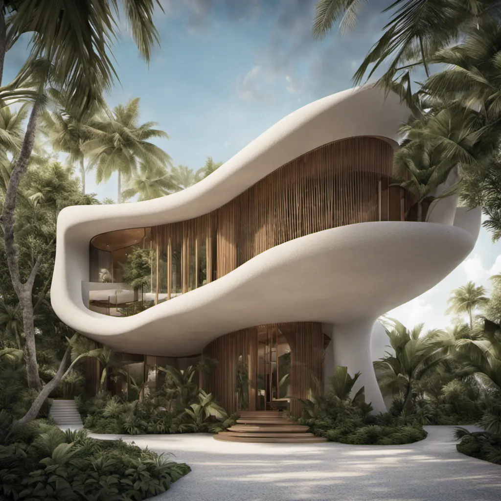 Envision a Zaha Hadid-styled, environmentally-conscious villa nestled within the bustling modern architecture of Tulum, Quintana Roo. As you approach from the entrance, the street view reveals a facade adorned with a vertical bamboo lattice, gracefully contrasting with the stone finish. Large overhangs hint at the interior's coolness, and the surrounding trees whisper tales of nature's embrace, Award-Winning, Intricate Details