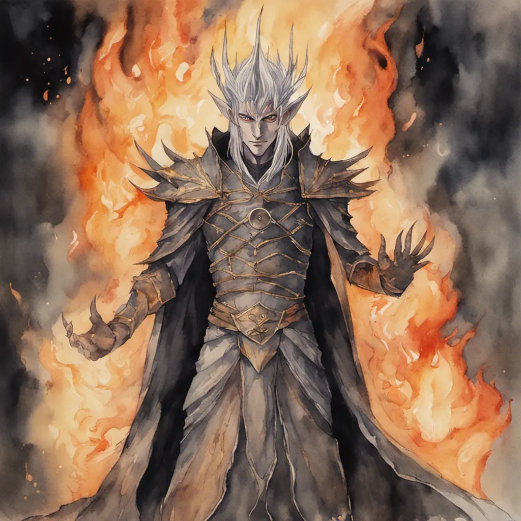 Sauron from LOTR in his elven form in flames and smoke in naruto, Watercolor, Anime, Dark