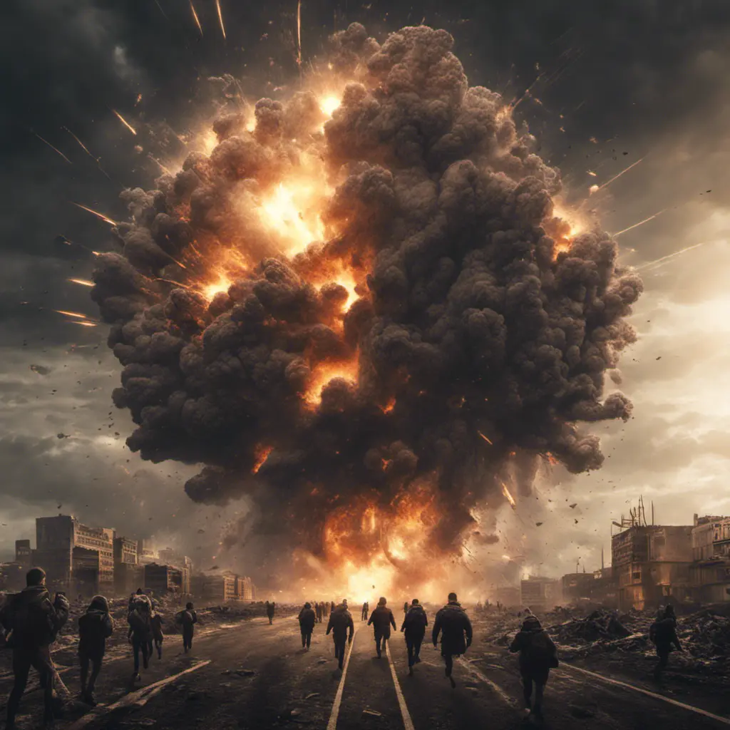 a mass explosion on earth that destroys all of humanity, scary, massive explosion, humans running away from it, 8k, Dystopian, Dark