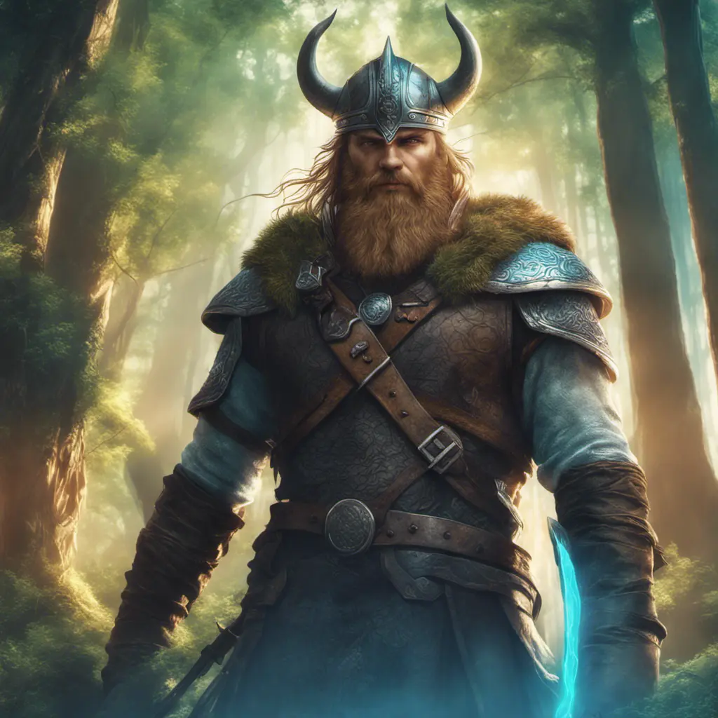 Closeup of a beautiful viking in a magical forest, 4k, Highly Detailed, Masterpiece, Pretty Face, Digital Illustration, Cinematic Lighting, Realistic, Sharp Focus, Centered, Beautifully Lit, Bioluminescent by Stanley Artgerm Lau