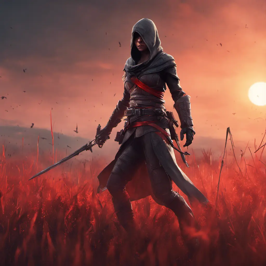 Female assassin creed emerging from a batte field. Sky is colored by a red sun set., 8k, Dystopian, Trending on Artstation, Volumetric Lighting