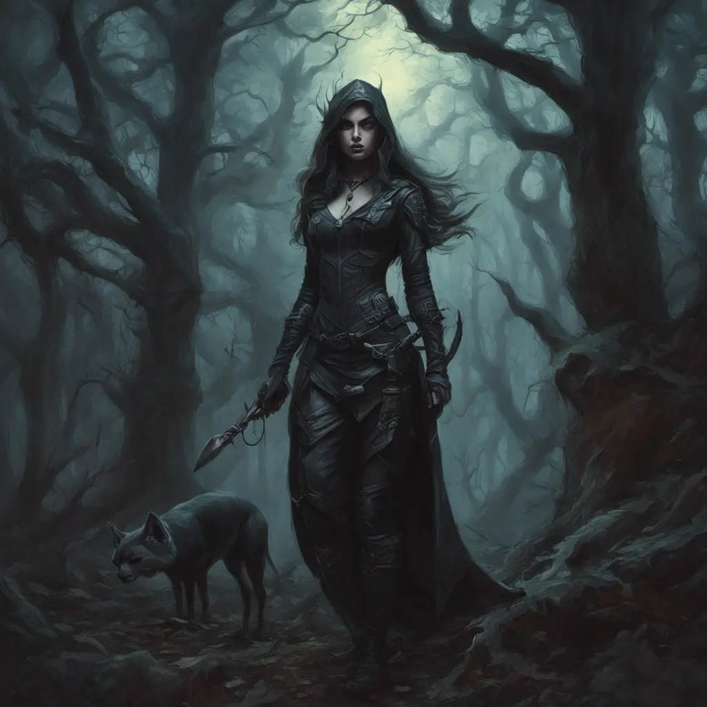 Huntress in a haunted forest, Highly Detailed, Intricate, Gothic, Volumetric Lighting, Fantasy, Dark by Stanley Artgerm Lau