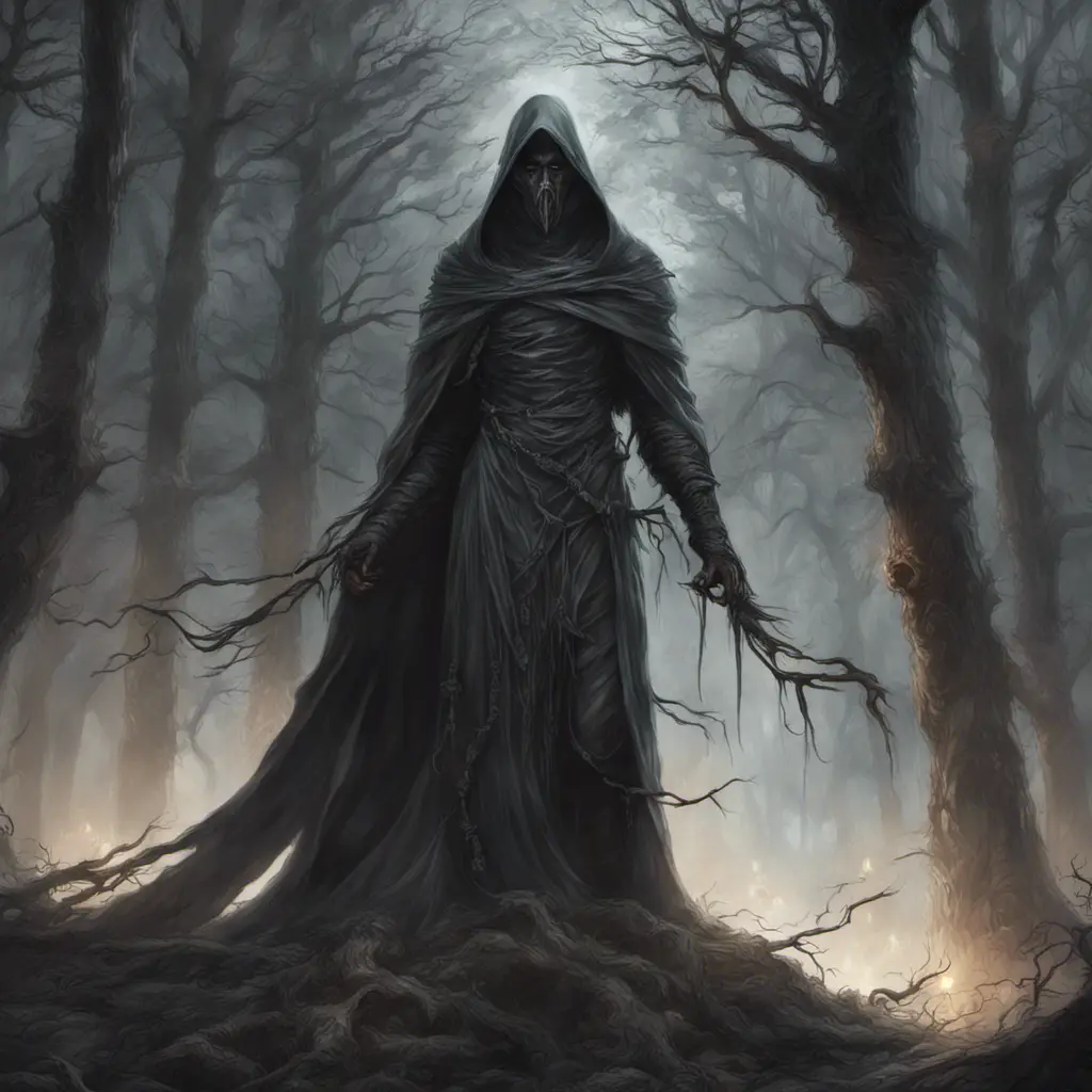 Elden ring wraith in a haunted forest, Highly Detailed, Intricate, Gothic, Volumetric Lighting, Fantasy, Dark by Stanley Artgerm Lau