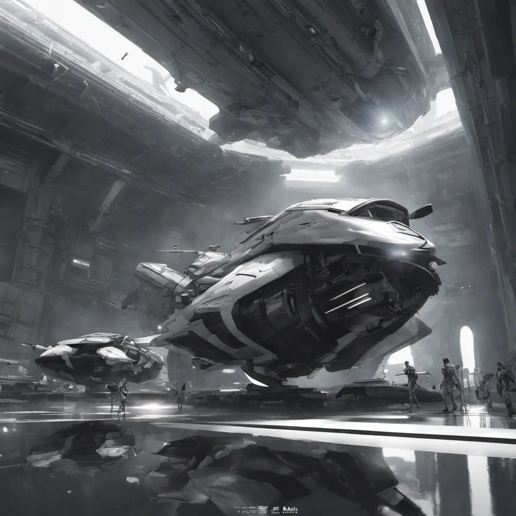 One with a spacecraft parked next to another, in the style of monochromatic compositions, dynamic action sequences, wlop, vray, silver and black, streamline elegance, hisui sugiura, Sci-Fi