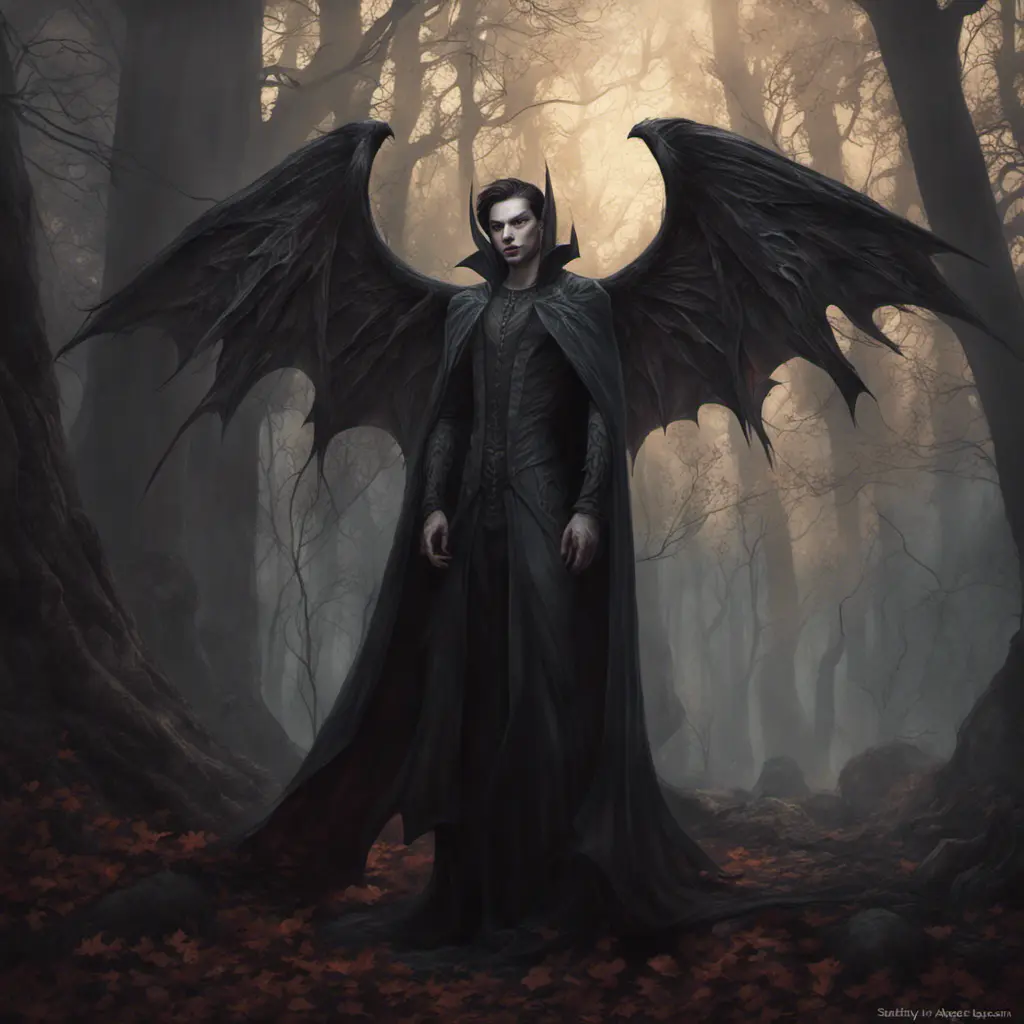 Winged vampire in a haunted forest, Highly Detailed, Intricate, Gothic, Volumetric Lighting, Fantasy, Dark by Stanley Artgerm Lau