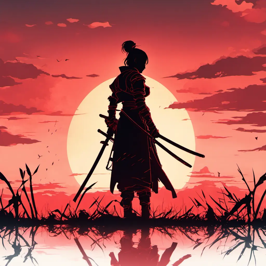 Silhouette of a samurai female assassin on a batte field. Sky is colored by a red sun set., 8k, Dystopian, Trending on Artstation, Volumetric Lighting