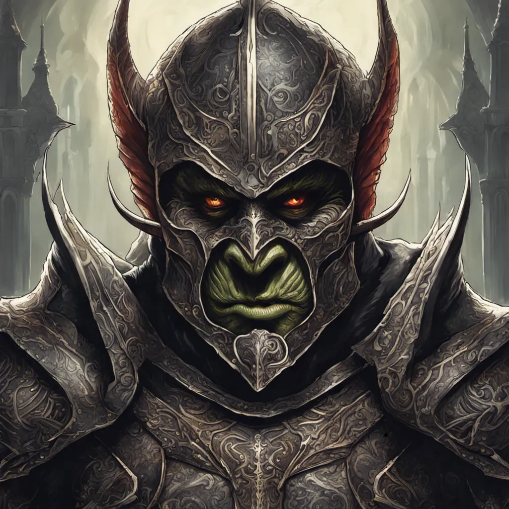 A close up of an orc wearing a helmet, ornate dramatic bat wing helmet, digital 2d fantasy art, intricate armor, face of an armored villian, Highly Detailed, Symmetrical Face, Dark Souls, Concept Art, Fantasy, Dark by Alex Grey, Dan Mumford