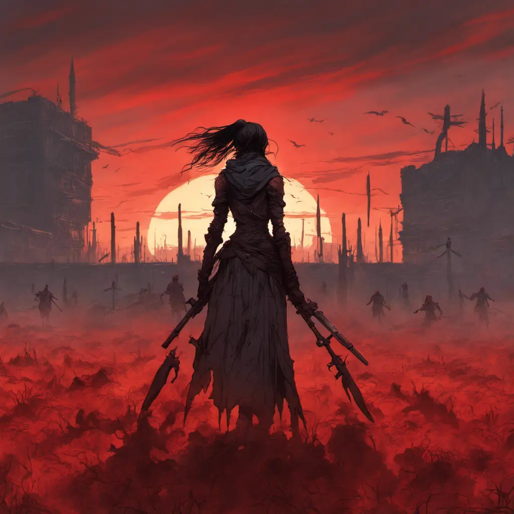 Back view of an assassin woman on a batte field covered by corpses. The sky is colored by a red sun set, Dystopian, Volumetric Lighting