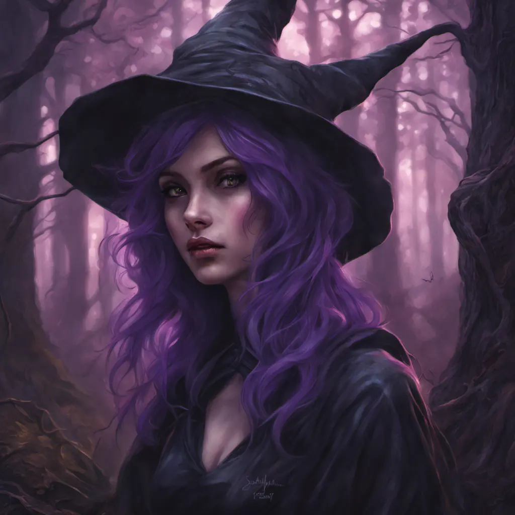 Purple haired witch in a haunted forest, Highly Detailed, Intricate, Gothic, Volumetric Lighting, Fantasy, Dark by Stanley Artgerm Lau