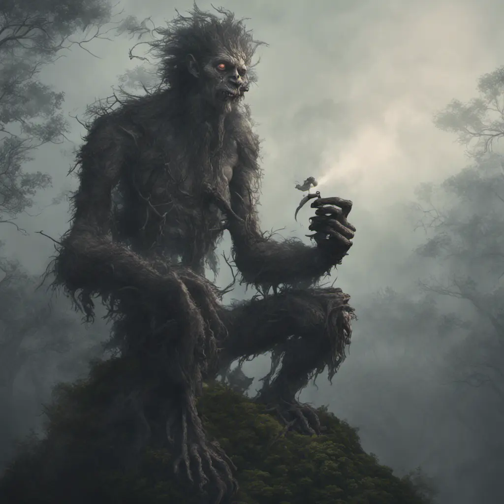 Kapre philippines scary hairy humanoid monster smoking a tobacco on the tree top, forest, foggy weather, otherworldy, Intricate, Artstation, Gothic and Fantasy, Cinematic Lighting, Octane Render, Concept Art