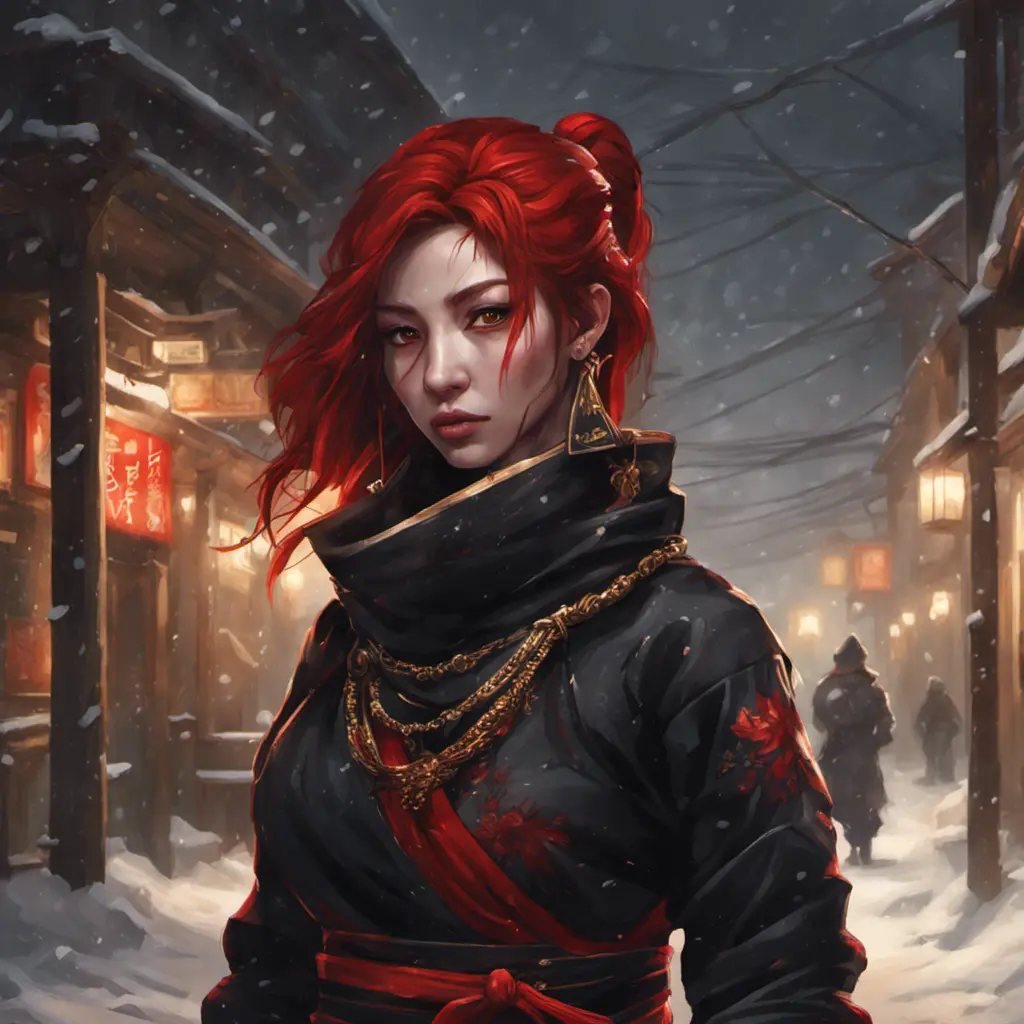 Mysterious beautiful kunoichi ninja wearing black, red, and gold jewelry in the streets of a dark snowy town in russia, 8k, Intricate Details, Trending on Artstation, Red Hair by Stanley Artgerm Lau, WLOP