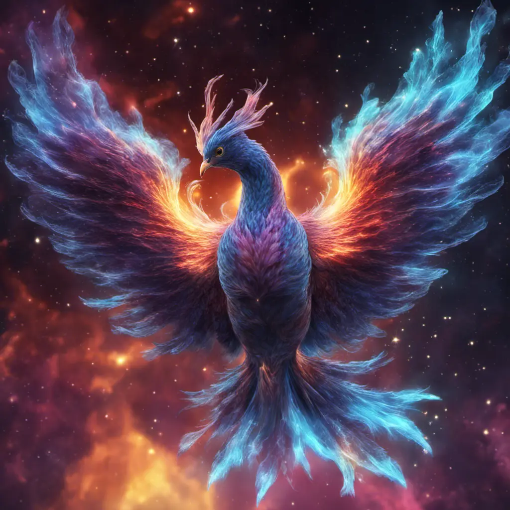 The Nebula Phoenix is a cosmic bird with wings that resemble swirling galaxies. Witness the physics of space and time as it flaps through the digital cosmos, Unreal Engine, Volumetric Lighting, Vibrant Colors