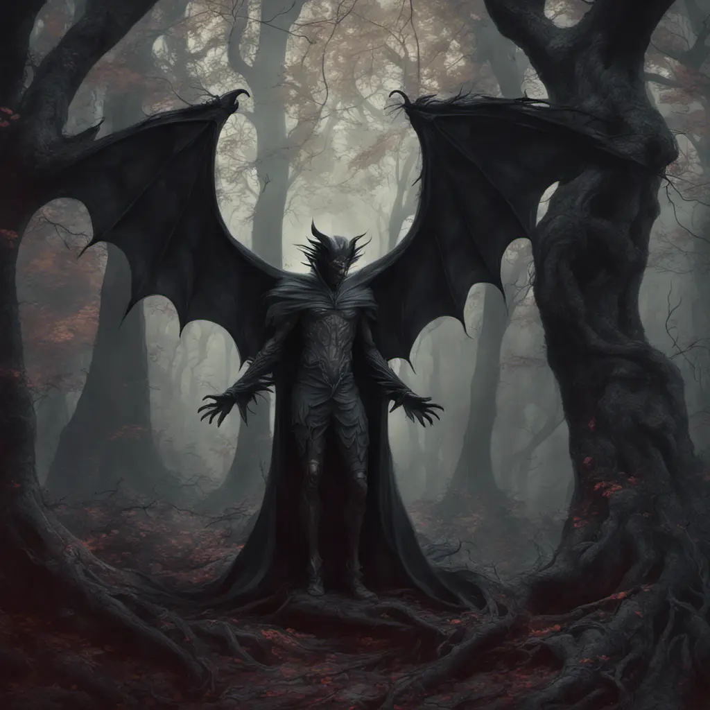 Winged vampire in a haunted forest, Highly Detailed, Intricate, Gothic, Volumetric Lighting, Fantasy, Dark by Stanley Artgerm Lau