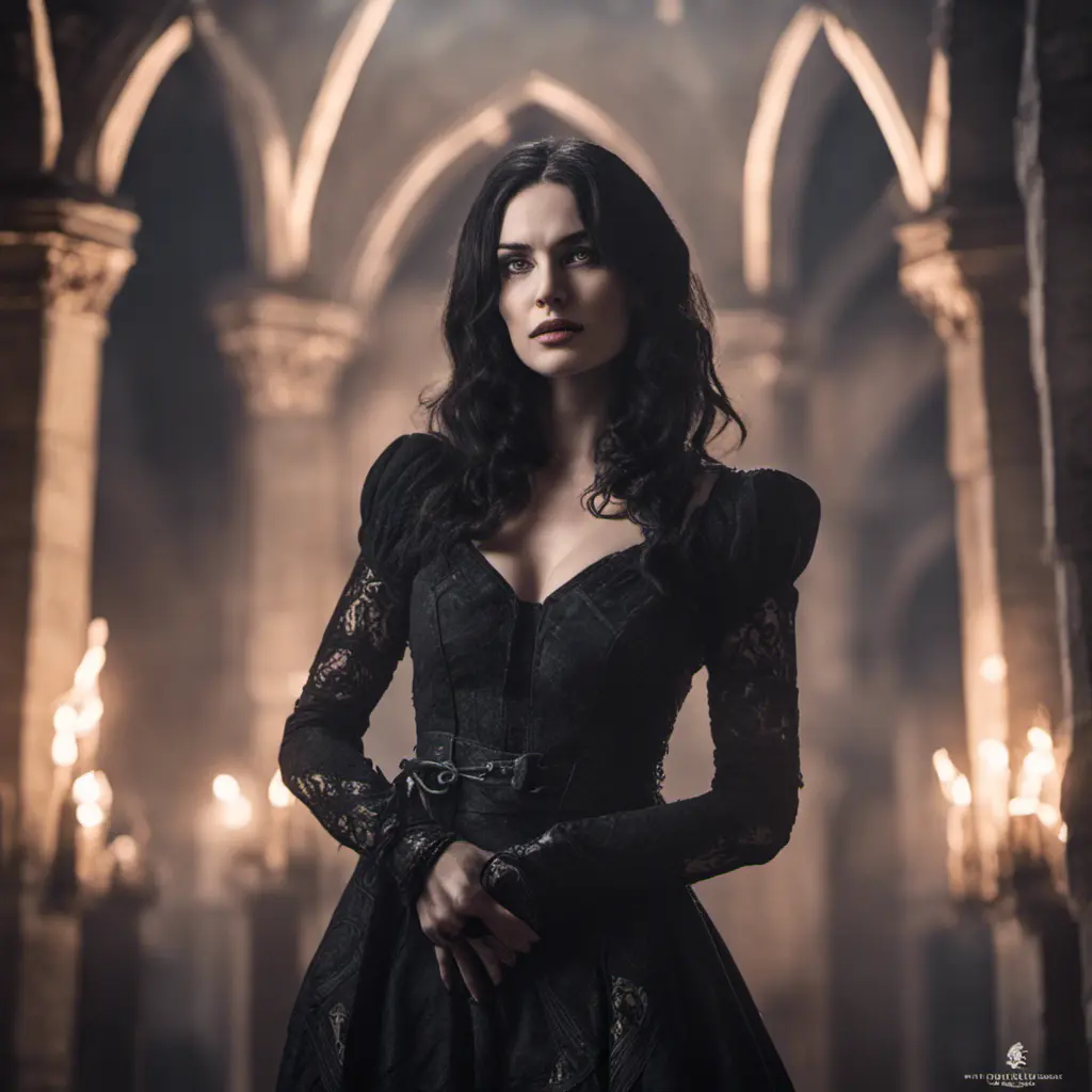 Annalena Baerbock as yennefer of vengerberg, tight dress, Intricate Details, Gothic and Fantasy, Volumetric Lighting