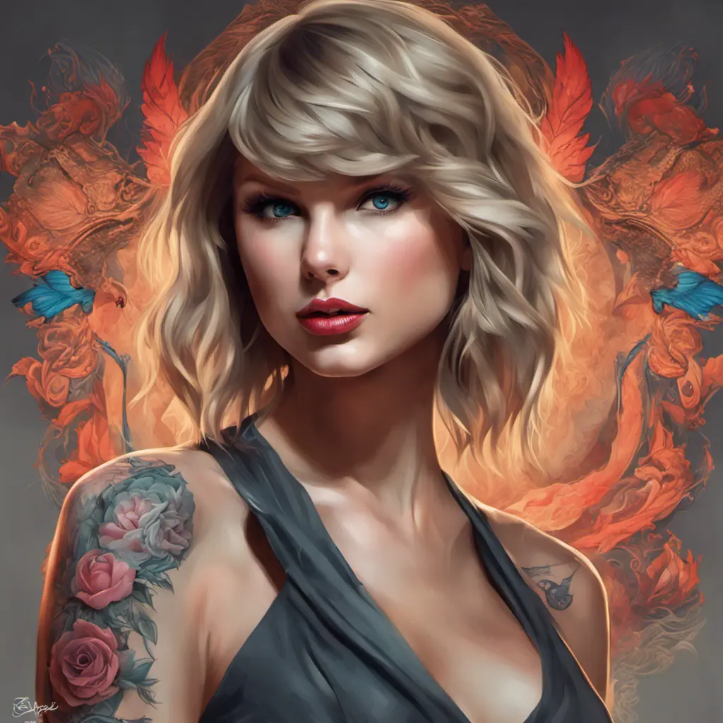 Matte portrait of Taylor Swift with colored tattoos, 4k, Highly Detailed, Powerful, Alluring, Artstation, Magical, Digital Painting, Photo Realistic, Sharp Focus, Grayscale, Volumetric Lighting, Concept Art by Stanley Artgerm Lau, Alphonse Mucha, Greg Rutkowski