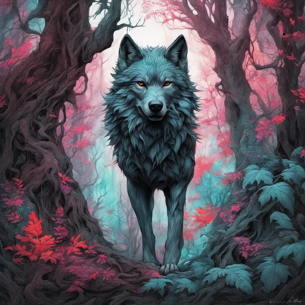 Wolf in the forest, Highly Detailed, Intricate, Gothic, Volumetric Lighting, Color Splash, Vibrant Colors, Ink Art, Fantasy, Dark by Stanley Artgerm Lau